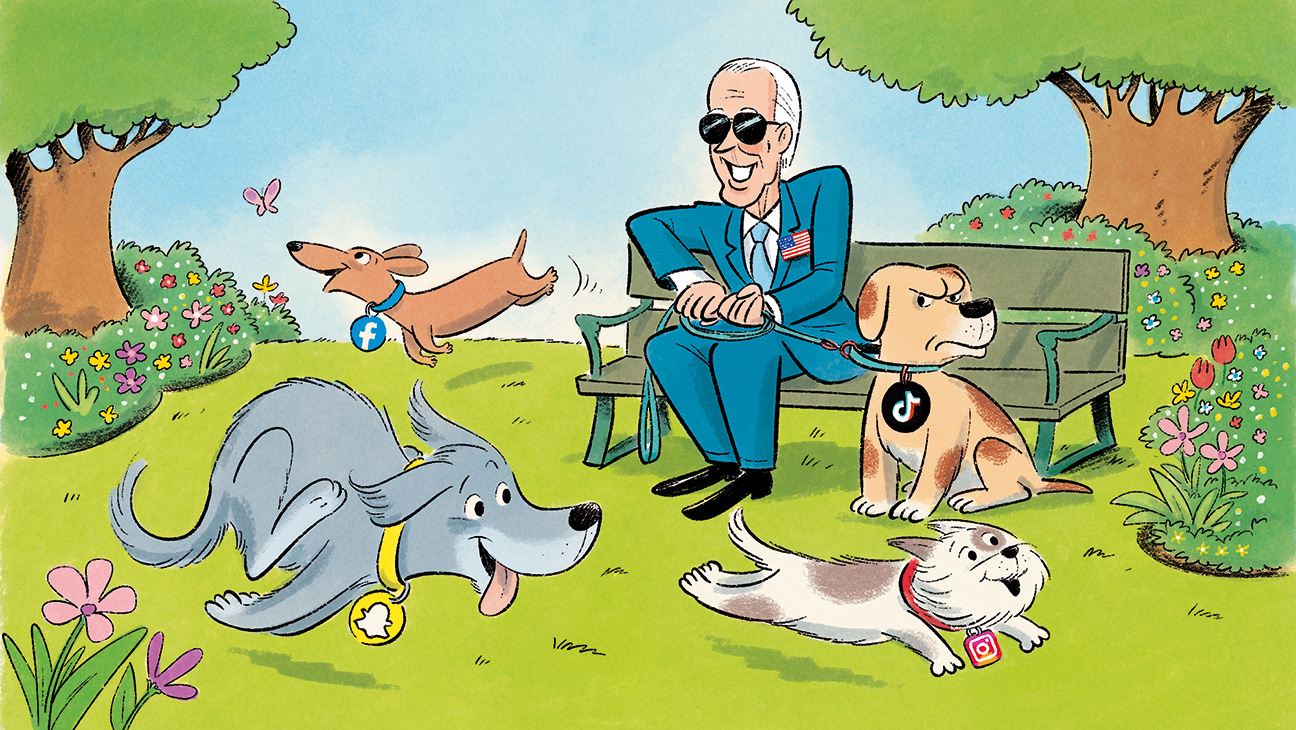 Illustration of Joe Biden at a dog park with several dogs, each with a collar tag showing the logo of a different social media company.