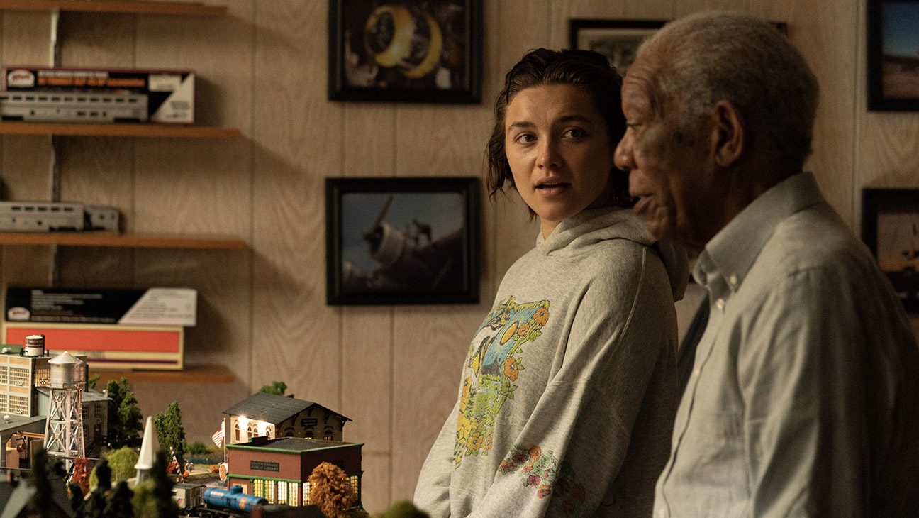 Florence Pugh (left) as Allison and Morgan Freeman (right) as Daniel in A GOOD PERSON